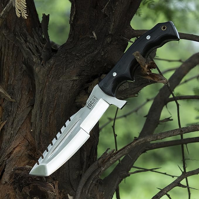 GCS Handmade D2 steel Hunting Knife G10 Handle Fixed Blade Knife Right Hand Scout Carry Buffalo leather Sheath and Sharpening Stone for Hunting Camping Survival and EDC