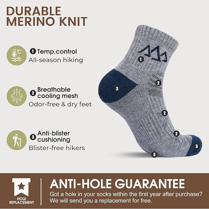 innotree Merino Wool Hiking Socks for Men & Women Quarter Ankle Compression Thick Cushion Breathable Anti Odor Socks, 5 Pairs