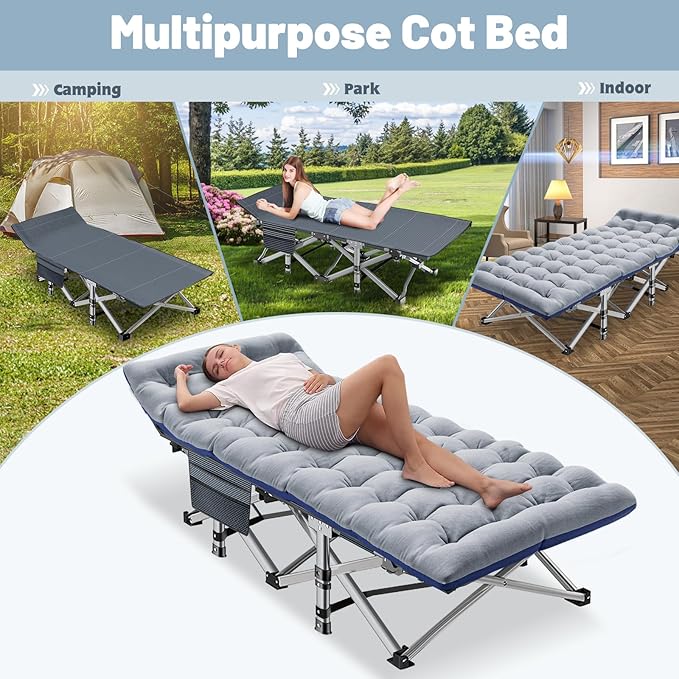 Slsy Folding Camping Cot for Adults with Pad, Padded Portable Sleeping Cots, Camp Bed with Carry Bag for Outdoor Travel, Beach, Hiking