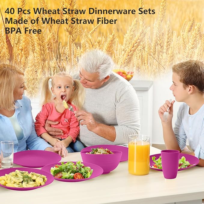 40 Pieces Wheat Straw Dinnerware Sets Service for 8, Plates and Bowls Sets, Dinner Plates, Cereal Bowls and Drinking Cups, Unbreakable and Reusable Plastic Dinnerware Sets (Pink)