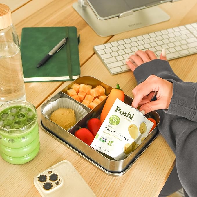 Poshi Green Olives On-The-Go - Original Flavor - Single Serve Pitted Olives - Convenient and Healthy Snack Packs - All Natural, Non-GMO, Kosher, Gluten-Free - 1.1 Oz Bags (30/Pack)