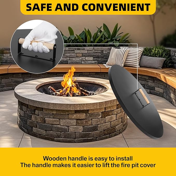 G GOOD GAIN Firepit Lid Round 30 Inch - Rust Resistant Fire Pit Lid Cover with Wooden Handle & Gloves, Fire Pit Snuffer Lid for Courtyards, Patio, Winter Cold Protection. Fits Fire Pits Up to 28"