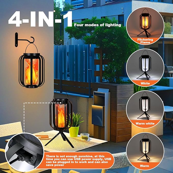Solar Lantern Outdoor Lights, 2 Pack Waterproof Solar Powered Lanterns with Flickering Flame, Hanging Lantern Decorative for Outside, Solar Powered Outdoor Lights for Yard Garden Patio Table Decor
