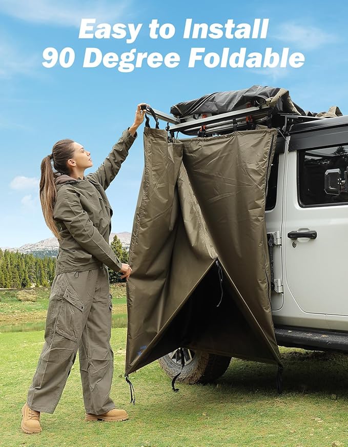 JOYTUTUS Car Shower Tent with Roof, Full Privacy Protection, Dry and Wet Separation Zones and Pockets, 1000D Waterproof Awning Shower Tent, Heavy-Duty Stakes, Outdoor Shower for Overland SUVs
