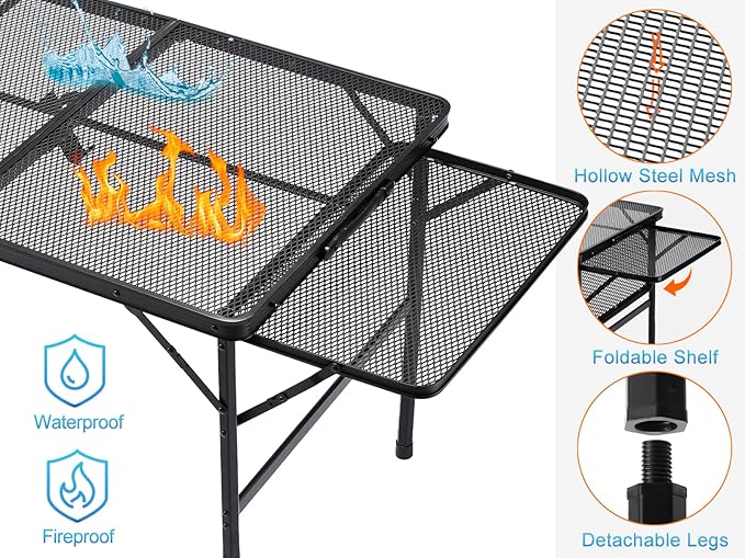 Folding Family Camping Table with 2 Wing Panels, Metal Grill Table with Mesh Tabletop, 2 Adjustable Heights, Large Picnic & Outdoor Table, 2 Side Shelves, Lightweight (4.4 FT, Black)