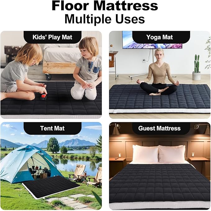 Tiita Japanese Floor Mattress, 4” Thicken Futon Mattress with Storage Bag and 2 Straps, Full Size Sleeping Tatami Mat for Adults,Black
