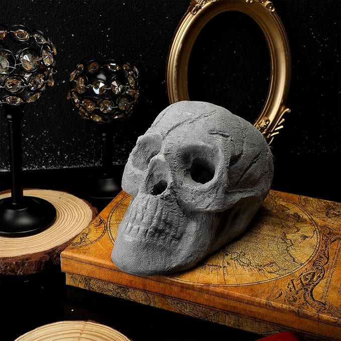 2 Pack Fire Pit Skulls 8.7 Inch Halloween Imitated Human Ceramic Firepit Head Fireproof Skulls Bonfire Accessories Fake Logs Halloween Decor for Gas Campfire Fireplace Wood Fires (Gray)