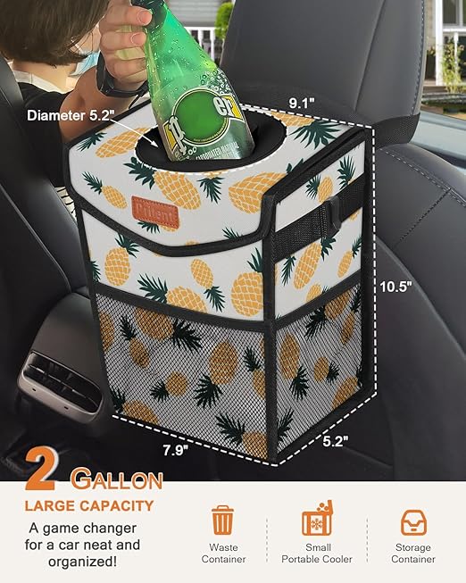 Car Trash Can with Lid, Cute Leakproof Car Trash Garbage Bag Hanging Vehicle Trash Bin Small Portable Automotive Garbage Cans Organizer for Back/Front Seat(Trapezoid,Pineapple Print