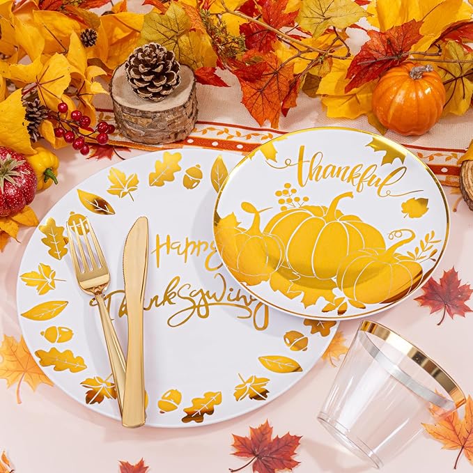 Festiva 176Pcs Thanksgiving Plastic Plates - Heavy Duty Thanksgiving Plates - Thanksgiving Disposable Dinnerware Set include 50 Plates,75 Silverware, 25 Cups, 25 Pumpkins Napkins, 1Tablecloth