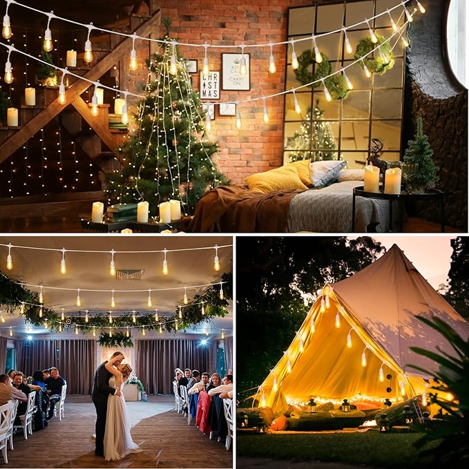 96FT(2 * 48FT) Outdoor String Lights with Remote, Dimmable Patio Lights with 30+4 3 Modes 4 Timers LED Bulbs for Deck Gazebo, White 2 Pack