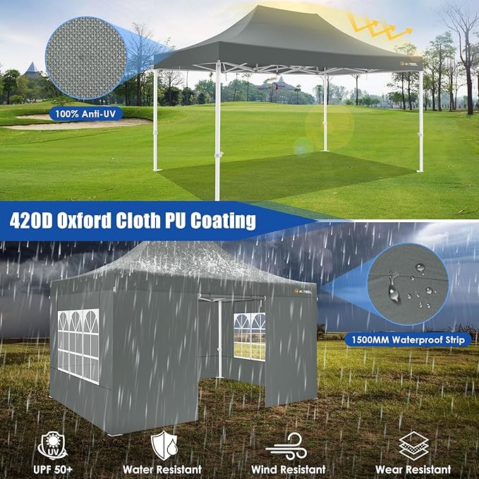 HOTEEL Canopy Tent 10x15 Heavy Duty Pop Up Canopy with Sidewalls, Party Tent with Roller Bag for Event Wedding, Upgraded Commercial Waterproof Instant Canopy, Thick Hexagonal Legs, UPF50+, Gray