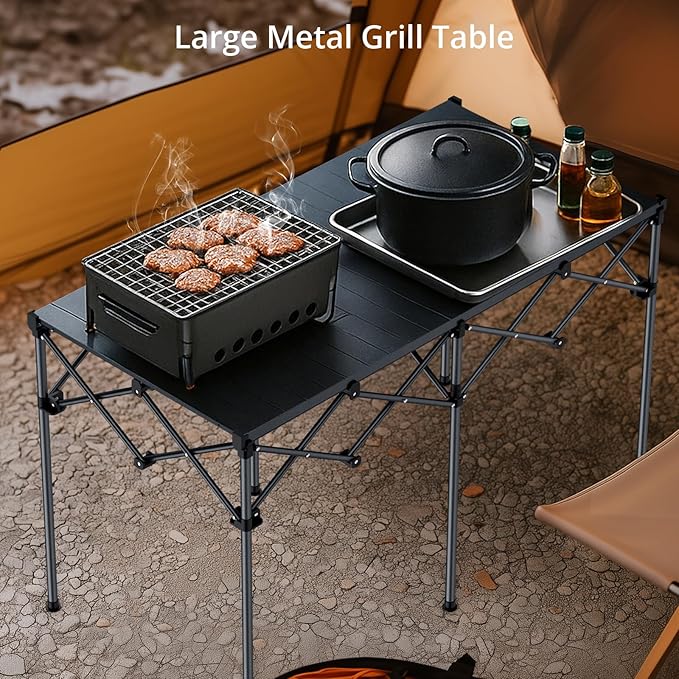 Heavy-Duty Camping Table Support 264lbs, 48” x 23.6” Large Roll Up Camping Table for 6-8 People with Carry Bag, Waterproof, Portable, for Backyard BBQ Tailgating Picnic Party, Black