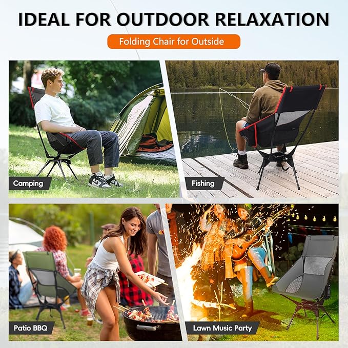Swivel Folding Chair, High Back Camping Chair with Head Support, Side Cup Pocket, Stable Portable Outdoor Chair for Camp, Travel, Beach, Party, Fishing (Green)