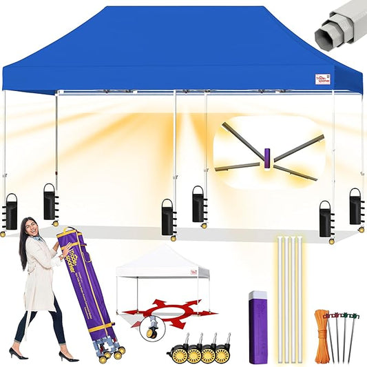 Tradesparker 10x20 Pop Up Canopy Tent,Easy up Commercial Canopy Tent Instant Shelter for Beach Events Parties Camping Market,Pop Up Canopies with LED Curtain+Casters+Weight+Stakes,Blue
