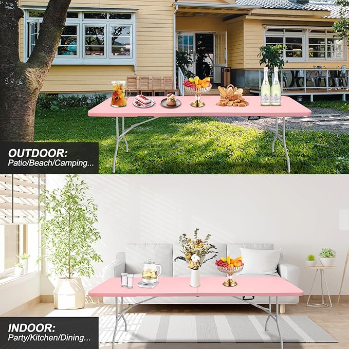 Portable Plastic Folding Table 4ft/6ft/8ft Heavy Duty White Black Picnic Dining Table Fold-in-Half for Camp Party Kitchen Indoor Outdoor (Pink, 8FT)