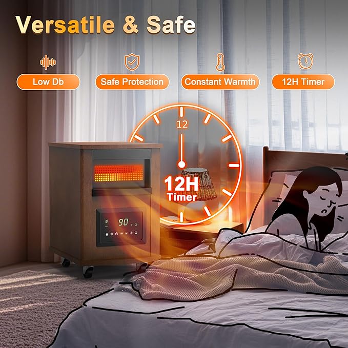 1500W Realsmart Space Infrared Heater for Indoor Use Large room Electric Quartz Heater with Remote Control Wheels LCD Display 3 Heating Modes 12H Timer Overheat Tip Over Protection Safe Coffe Brown
