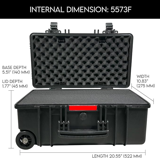 DCB Cases - Element 5573F | 22 x 14 x 10 Ext Dim | IP67 Waterproof | Pluck Foam Insert | Telescoping Handle | Foldable Grip | Resin-Reinforced Injection Molded Plastic | 2 Latch Lid Close | Wheels