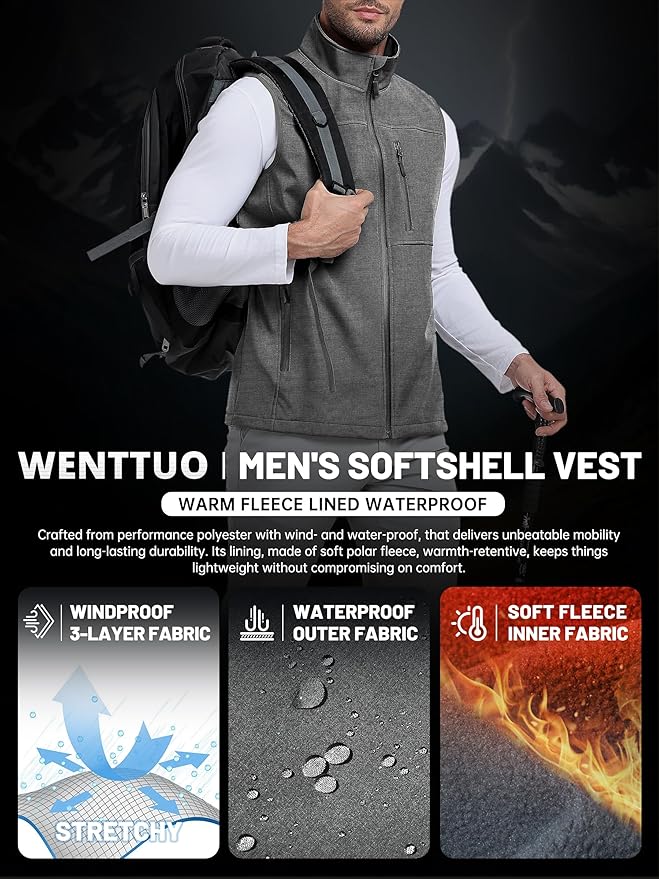Mens Windproof Golf Vest Outerwear Fleece Lined Softshell Sleeveless Lightweight Jacket