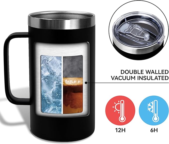 DOMICARE 24oz Mug with Handle and Lid, Stainless Steel Coffee Mug, Travel Mug with Handle, Double Wall Vacuum Coffee Tumbler, Reusable Insulated Cup, Black, Pack 8