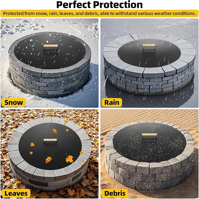 G GOOD GAIN Firepit Lid Round 30 Inch - Rust Resistant Fire Pit Lid Cover with Wooden Handle & Gloves, Fire Pit Snuffer Lid for Courtyards, Patio, Winter Cold Protection. Fits Fire Pits Up to 28"