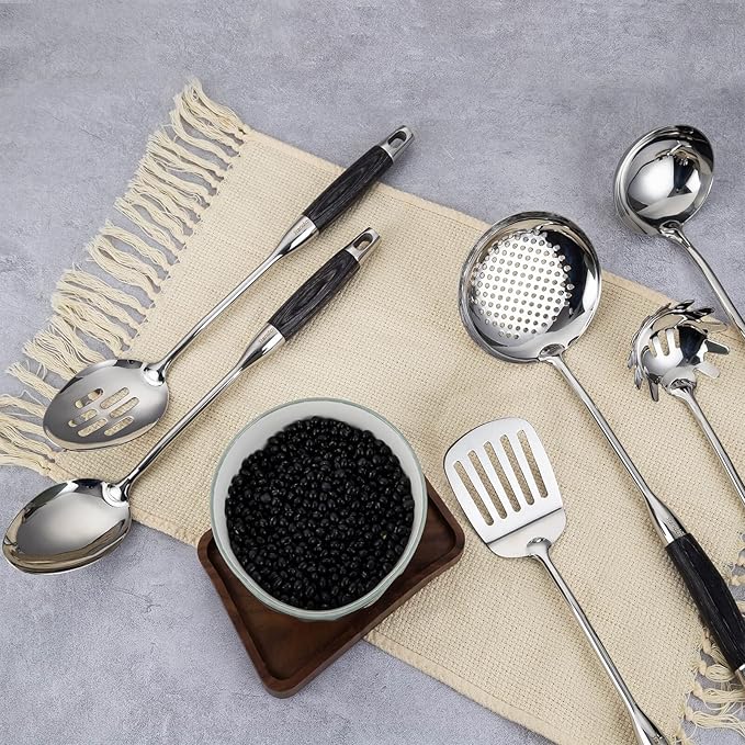 18/10 Stainless Steel Kitchen Utensils Set with Wood Handle - 15” Long Cooking Tools, Metal Spatula Spoons - Serving Solid/Slotted Spoon, Tunner, Skimmer, Soup Ladle, Pasta, Large Spoons Set of 6