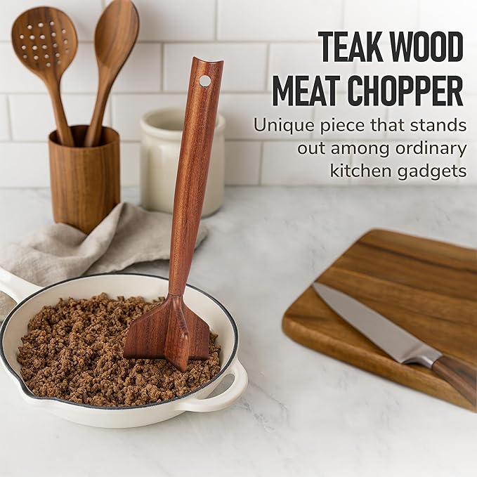Teak Wooden Meat Chopper, Ground Beef Chopper Tool, Hamburger Smasher, Potato Masher & Chicken Shredder, Durable Wood Meat Pounder Kitchen Utensil, Cooking Gadget 10.5 Inches