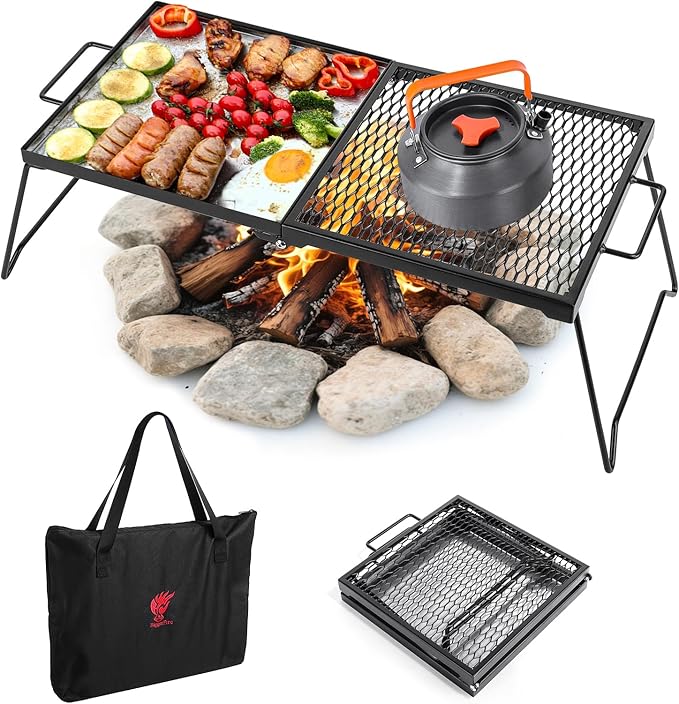 Campfire Grill Portable Folding Camping Grill Grate Heavy Duty Steel Fire Pit Grill Grate,Camp Fire Cooking Racks with Carrying Bag,Grilling Rack for Outdoor Open Flame Cooking