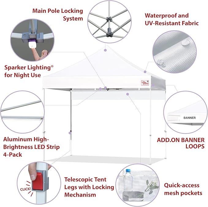 Tradesparker 10x10 Pop Up Canopy Tent,Easy up Commercial Canopy Tent Instant Shelter for Beach Events Parties Camping Market,Pop Up Canopies with LED Curtain+Casters+Weight+Stakes,Blue