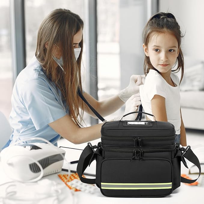 Black Double Layer First Aid Bag Medical Bag Empty Emergency First Responder Organizer for Nurses,Home Health Care, EMT