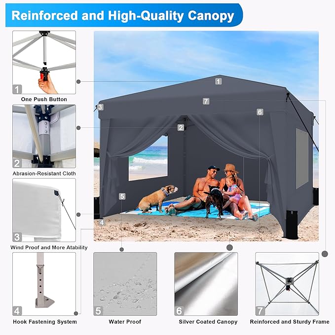 SANWAY 10x10 Pop Up Canopy Tent with Sidewalls x 4 – Easy Setup Canopy Tent, Waterproof, UV-Resistant, Portable with Carry Bag for Outdoor Events, Camping, and Backyard Parties – Dark Gray