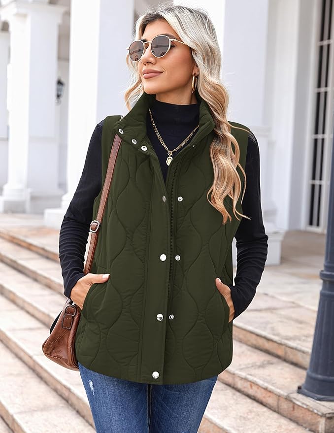 Zeagoo Puffer Vest Women Sleeveless Quilted Jacket Lightweight Snap Zip Up Stand-up Collar Down with Pockets Outerwear