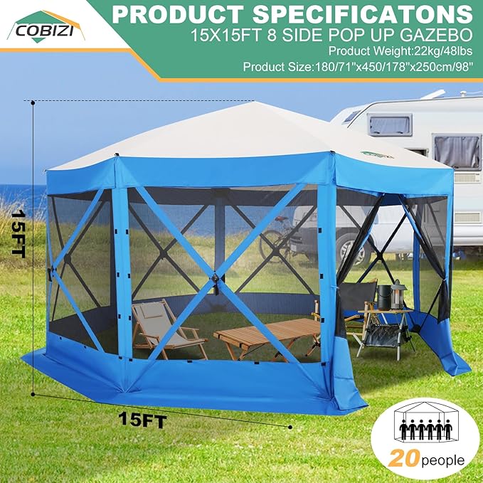 COBIZI 15x15ft Extra Large Pop-Up Gazebo Canopy Tent with Mosquito Netting, Spacious Easy Set-Up Screened Shelter, Durable Outdoor Pavilion with Ground Stakes, Perfect for Patio, Backyard, and Lawn
