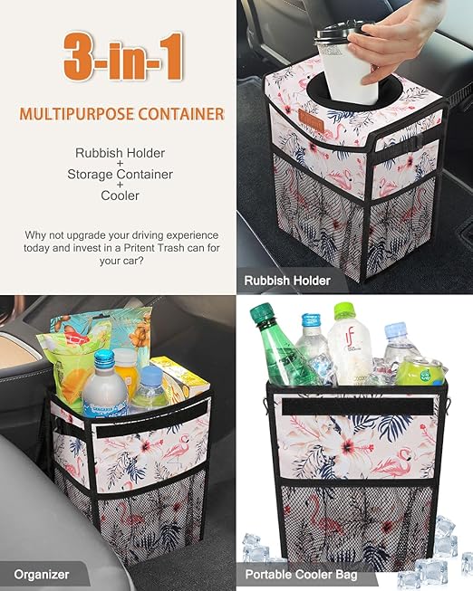 Car Trash Can with Lid, Cute Leakproof Car Trash Garbage Bag Hanging Vehicle Trash Bin Small Portable Automotive Garbage Cans Organizer for Back/Front Seat/Console(2.8 gal,Flamingo Print