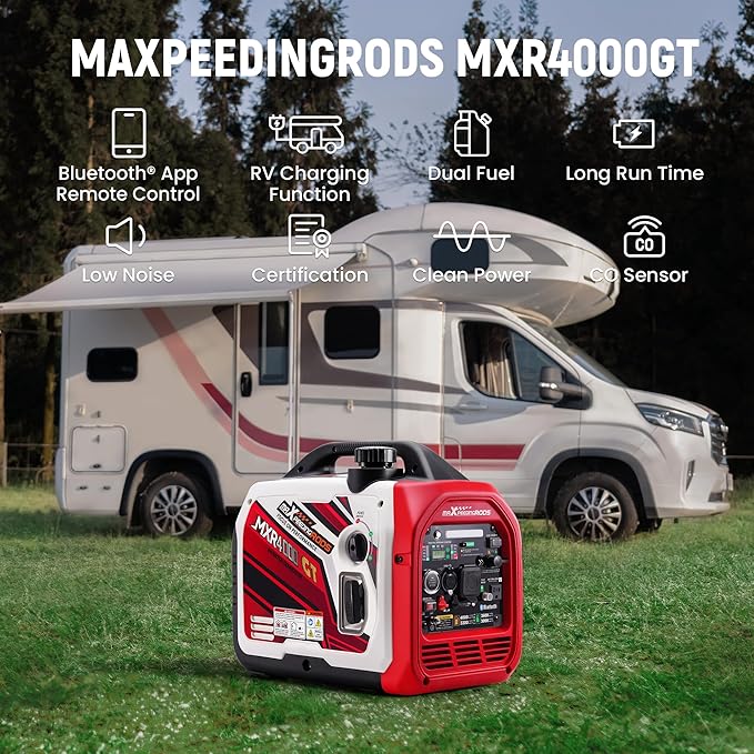 maXpeedingrods 4000 Watt Dual Fuel Inverter Generator with Bluetooth® Control Start and Display, RV Ready, Electric Start, Quiet for Outdoor Camping, Home Backup, Garden,PGMA Compliant