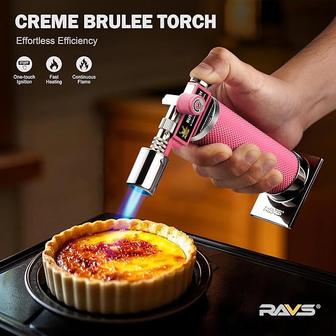 RAVS Butane Torch, Kitchen Torch Lighter for Creme Brulee with Adjustable Flame, Cooking Torch for Baking, BBQ, Desserts, Metal Mini Torch with Safety Buckle, Pink (Butane Not Included)
