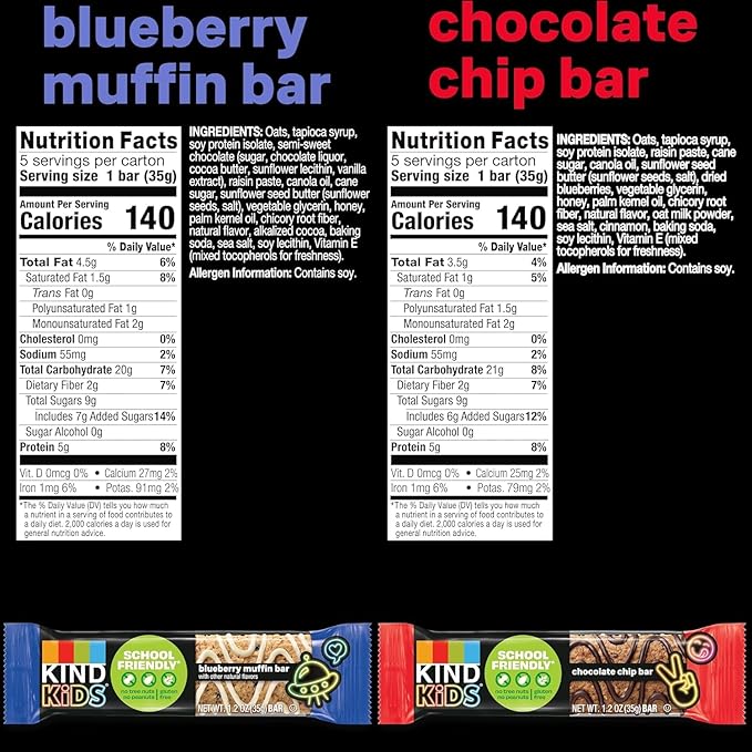 KIND Kids School Friendly Blueberry Muffin and Chocolate Chip Oat Bars Variety Pack, Tree Nut and Peanut Free, Gluten Free, Made With Whole Grain Oats, 5g Protein, 10 Count