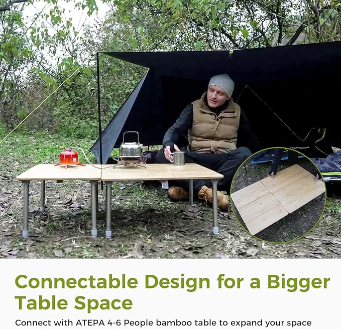 ATEPA Wooden Folding Table, Adjustable Height Folding Tables Environmental Bamboo Camping Table with Aluminum Legs Carry Bag for Travel Picnic Beach Fishing Outdoor Indoor, 2-4 Person