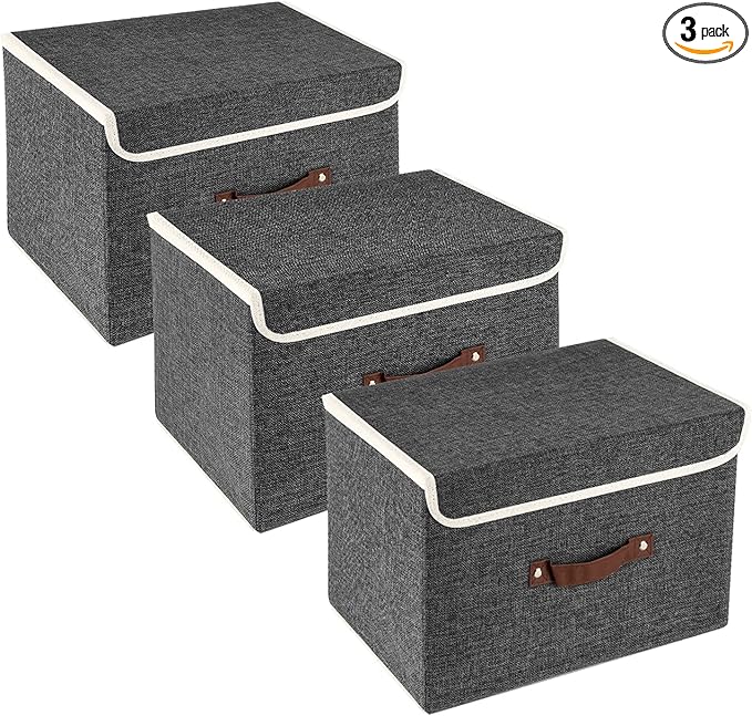 TYEERS Collapsible Storage Boxes, Washable Fabric Storage Bins with Lids, 14.9x9.8x9.8 inches, 3 Pack, Black