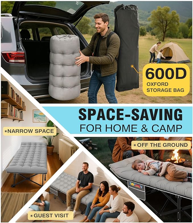 Slendor Oversized XXL Camping Cot, Folding Cot for Adults, 79" L x 32" W x 19" H Sleeping Bed with Mattress, Carry Bag, Camp Cot Bed for Travel, Guest, Support 900lbs