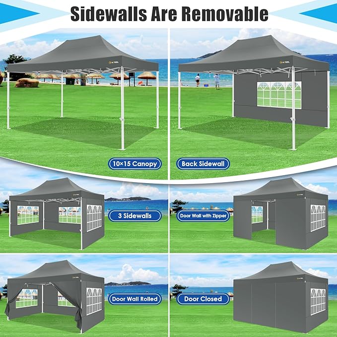 HOTEEL Canopy Tent 10x15 Heavy Duty Pop Up Canopy with Sidewalls, Party Tent with Roller Bag for Event Wedding, Upgraded Commercial Waterproof Instant Canopy, Thick Hexagonal Legs, UPF50+, Gray
