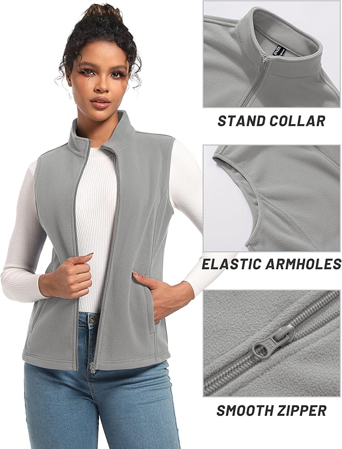 TACVASEN Women's Fleece Vest Lightweight Warm Vests Outerwear Sleeveless Zip Jacket Fall Winter Soft Vest with Pockets