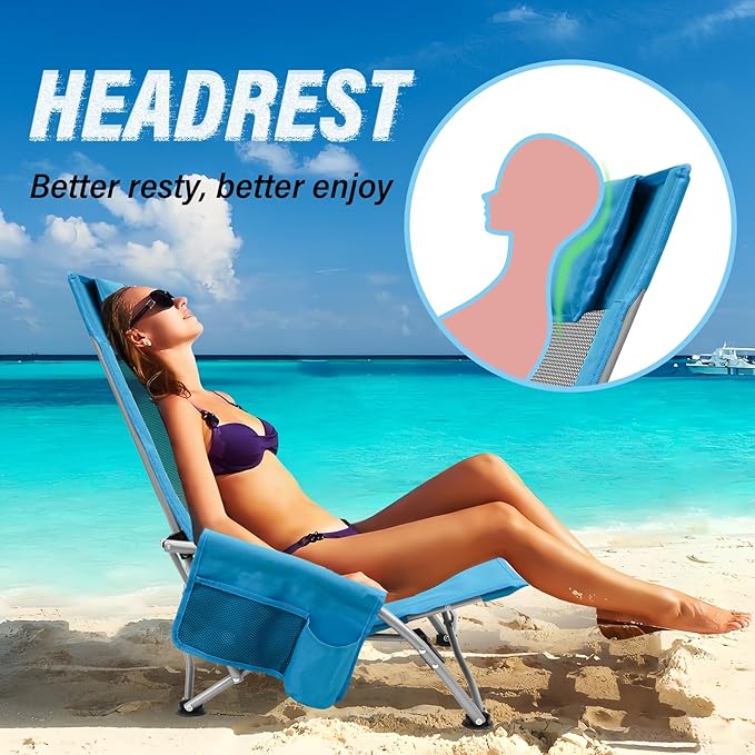 ptlsy Beach Chairs for Adults 2 Pack, High Back Folding Beach Chairs, Lightweight and Portable for Outdoor, Beach, Camping, Lawn, Music Festival, with Cup Holder
