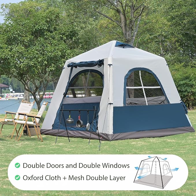 Inflatable Camping Tent for 2-4 Person, Glamping Blow up Tent with Hand Pump, Oxford Waterproof Air Cabin Tent with Mesh Windows & Door
