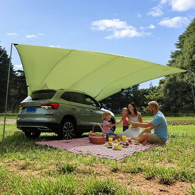 REDACMP 19ft x17ft Large Car Awning Tarp with 2 Poles & 2 Suction Cup Hooks, Waterproof Camping Tarp Hammock Rain Fly with UV Protection Sun Shelter for SUV,Van,Overland Camping,Tailgate Canopy,Green