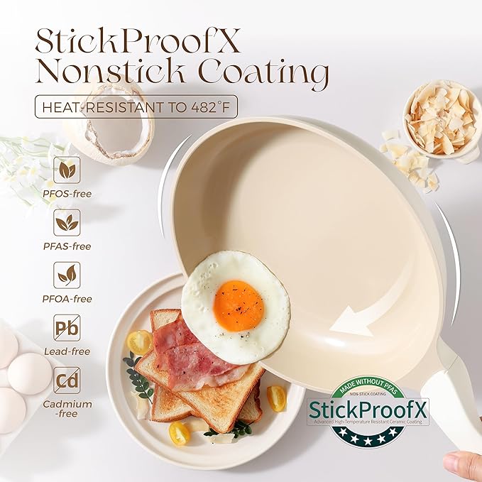 Nonstick Ceramic Frying Pan with Lid, 8/10 Inch Skillet with Stay Cool Handle, Fully Coated, 100% Dishwasher Safe, Oven Safe, PTFE PFAS & PFOA Free (10 Inch, Coconut White