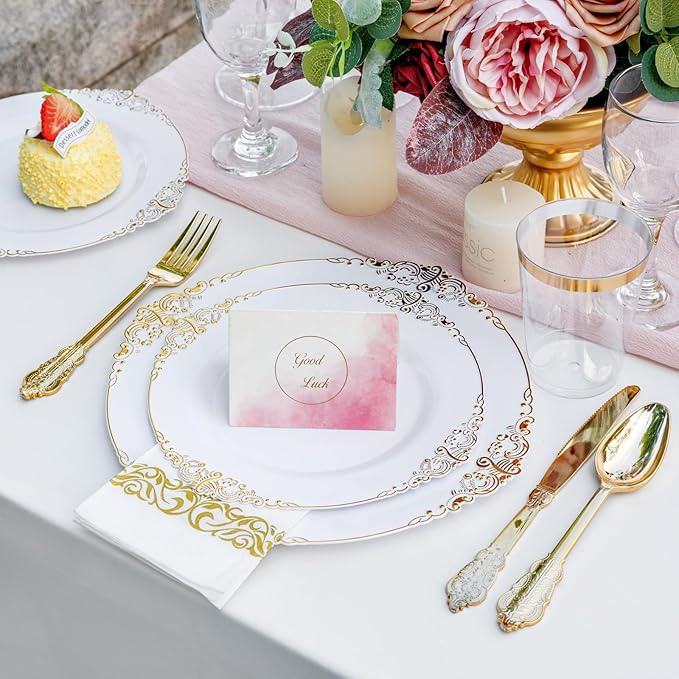 Nervure 350PCS Gold Plastic Dinnerware - White and Gold Disposable Plates for 50 Guests - 100 White Disposable Plates, 150 Plastic Silverware, 50 Cups, 50 Napkins for Wedding & Party & Thanksgiving