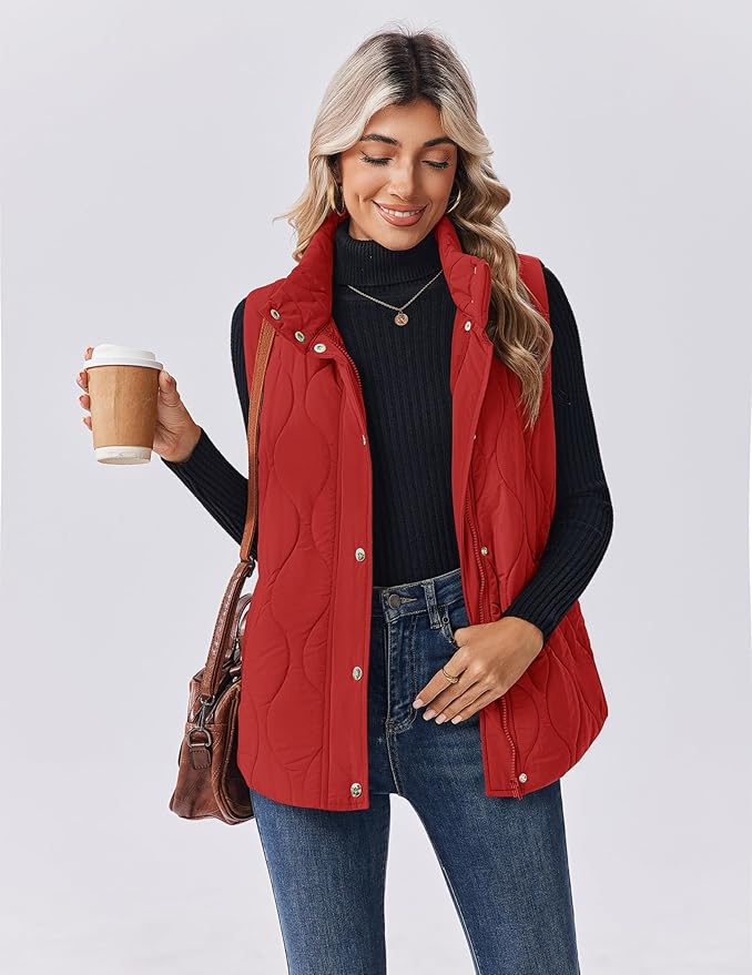 Zeagoo Puffer Vest Women Sleeveless Quilted Jacket Lightweight Snap Zip Up Stand-up Collar Down with Pockets Outerwear