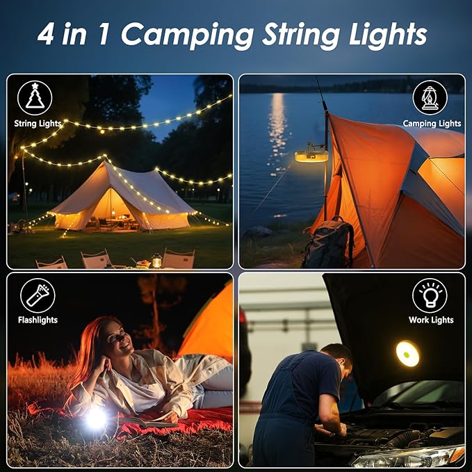 2Pack Camping String Lights, 4-in-1 Quick Storage Camp Light, 8Mode 32.8FT Hanging Tent Lights, Rechargeable Camp Lamp As Camping Essentials Gear, Waterproof LED Lantern for Hiking Travel Patio Party