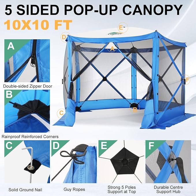 COBIZI 10x10ft Pop up Gazebo Screen House Tent for Camping, Pop-up Camping Canopy with Mesh Windows,Portable Outdoor Quick-Set Hub Tent with Carrying Bag&Ground Stakes,Blue(Upgraded 2.0)