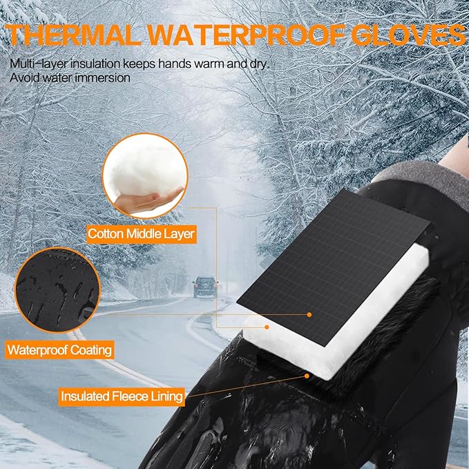 Winter Waterproof Gloves for Women: Water Proof Touch Screen Gloves for Men Running Hiking, Cold Weather Touchscreen Gloves for Phone Texting, Warm Snow Water Resistant Thermal Gloves Black